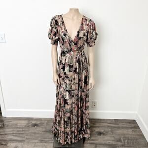 [Hemant & Nandita] Sion Maxi Wrap Dress Metallic Gold Puff Sleeves V-Neck Sz XS